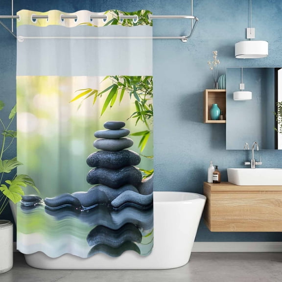 No Hook Shower Curtain with Snap in Liner, Zen Meditation Stone Lake Waterproof Fabric Bathroom Curtain Mesh Top Window, Nature Landscape Still Life Shower Curtains 36x72in