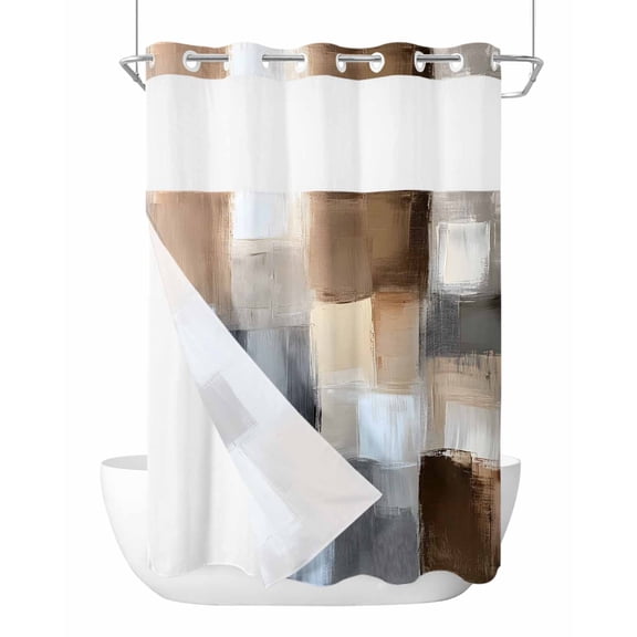 No Hook Shower Curtain with Snap-in Liner, Abstract Gray Brown Waterproof Fabric Bathroom Curtains, Oil Painting Color Blocks Bath Curtains & Mesh Top Window Stand Up Stall Stall 48"x72"