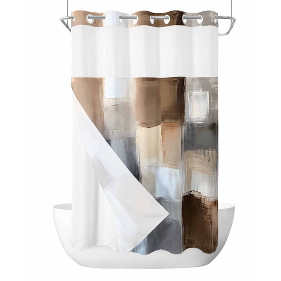 No Hook Shower Curtain with Snap-in Liner, Abstract Gray Brown Waterproof Fabric Bathroom Curtains, Oil Painting Color Blocks Bath Curtains & Mesh Top Window Stand Up Stall Narrow 36"x78"