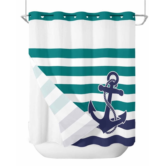 No Hook Shower Curtain with Snap-in Liner, Anchor Teal Waterproof Fabric Bathroom Curtains, Modern Navy Blue White Striped Nautical Bath Curtains & Mesh Top Window Standard 72''x72''