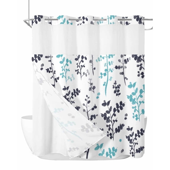 No Hook Shower Curtain with Snap-in Liner, Aqua Grey Botanical Waterproof Fabric Bathroom Curtains, Watercolor Spring Floral Summer Leaf Bath Curtains & Mesh Top Window Standard 72''x72''