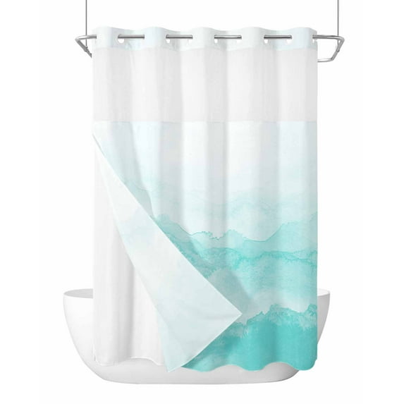 No Hook Shower Curtain with Snap-in Liner, Aqua Mountain Waterproof Fabric Bathroom Curtains, Minimalism Ombre Abstract Marble Texture Bath Curtains & Mesh Top Window Stall 48"x72"