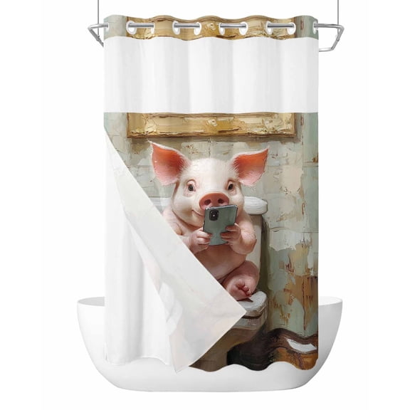 No Hook Shower Curtain with Snap-in Liner, Bathroom Pig Waterproof Fabric Bathroom Curtains, Toilet Animals Vintage Bath Curtains & Mesh Top Window Stand Up Stall Stand Up Stall 36"x72"