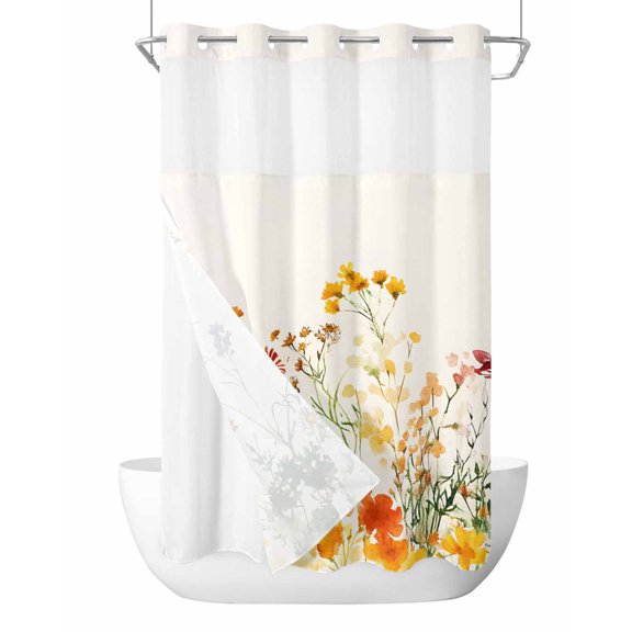 No Hook Shower Curtain with Snap-in Liner, Beige Floral Spring Waterproof Fabric Bathroom Curtains, Vintage Farmhouse Flowers Bath Curtains & Mesh Top Window Stand Up Stall Stand Up Stall 36"x72"