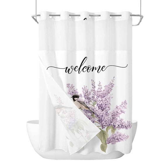 No Hook Shower Curtain with Snap-in Liner, Bird Flowers Waterproof Fabric Bathroom Curtains, Purple Lavender Pastoral Pastel Watercolor Bath Curtains & Mesh Top Window 72"x84" Long