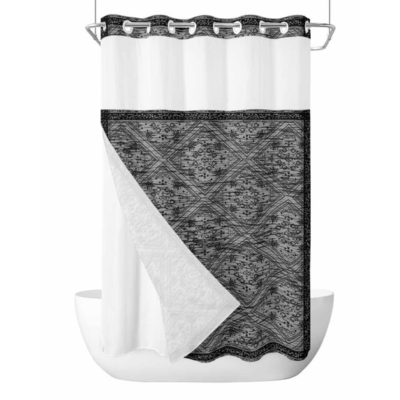No Hook Shower Curtain with Snap-in Liner, Black Flowers Waterproof Fabric Bathroom Curtains, Spring Floral Farmhouse Retro Art Bath Curtains & Mesh Top Window Narrow 36"x78"