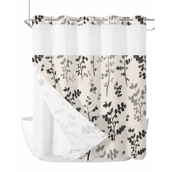 No Hook Shower Curtain with Snap-in Liner, Black Grey Botanical Waterproof Fabric Bathroom Curtains, Rustic Country Spring Floral Summer Leaf Bath Curtains & Mesh Top Window 72"x78" Long
