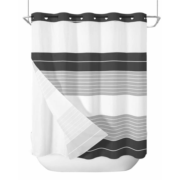 No Hook Shower Curtain with Snap-in Liner, Black Grey Stripe Waterproof Fabric Bathroom Curtains, Modern Art Horizontal Striped Bath Curtains & Mesh Top Window 66"x72"
