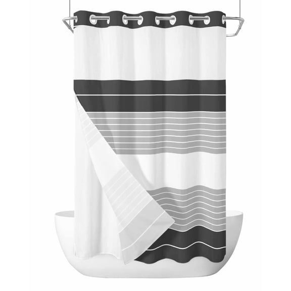No Hook Shower Curtain with Snap-in Liner, Black Grey Stripe Waterproof Fabric Bathroom Curtains, Modern Art Horizontal Striped Bath Curtains & Mesh Top Window Stand Up Stall 36"x72"