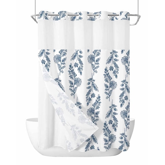 No Hook Shower Curtain with Snap-in Liner, Blue Botanical Waterproof Fabric Bathroom Curtains, Pastoral Elegant Spring Floral Bath Curtains & Mesh Top Window 72"x84" Long