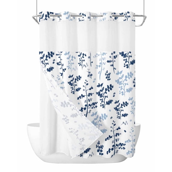 No Hook Shower Curtain with Snap-in Liner, Blue Botanical Waterproof Fabric Bathroom Curtains, Spring Floral Watercolor Leaf Bath Curtains & Mesh Top Window Stall 48"x72"