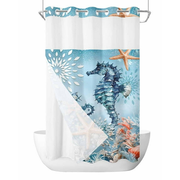 No Hook Shower Curtain with Snap-in Liner, Blue Coastal Seahorse Waterproof Fabric Bathroom Curtains, Summer Beach Starfish Botanical Bath Curtains & Mesh Top Window Stand Up Stall Narrow 36"x78"