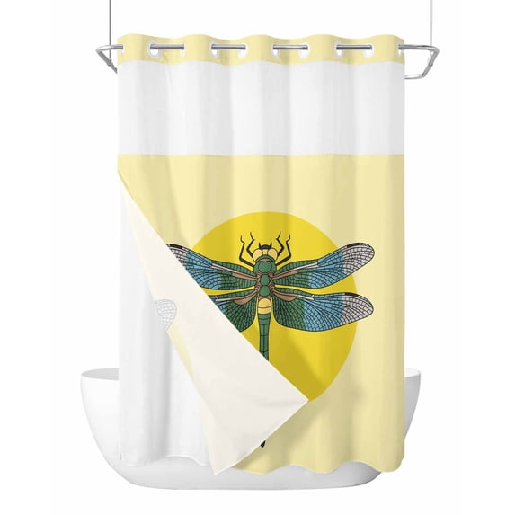 No Hook Shower Curtain with Snap-in Liner, Blue Dragonfly Waterproof Fabric Bathroom Curtains, Yellow Vintage Art Bath Curtains & Mesh Top Window 72"x96" Extra Long