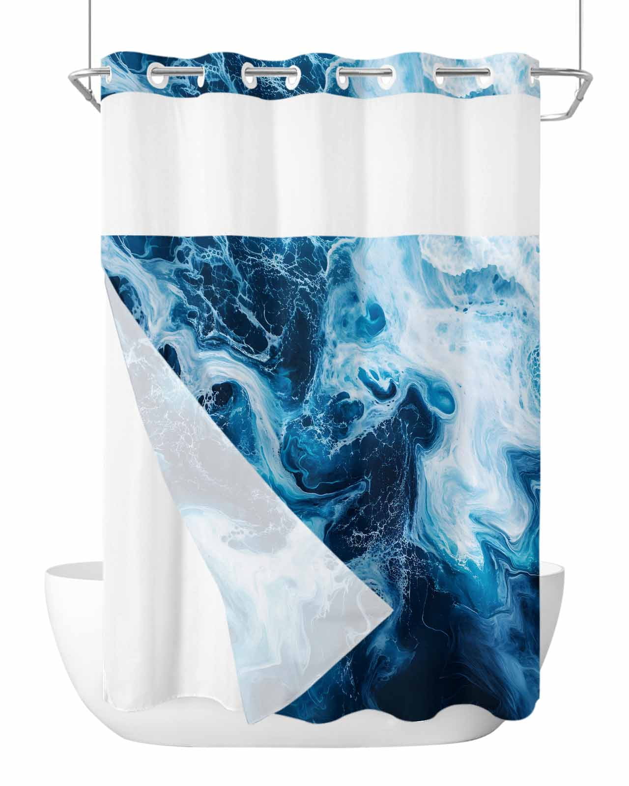 No Hook Shower Curtain with Snap-in Liner, Blue Ocean Waterproof Fabric ...