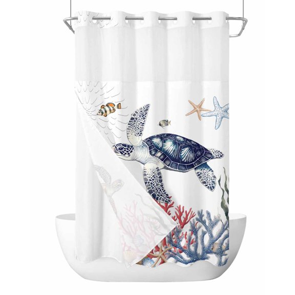 No Hook Shower Curtain with Snap-in Liner, Blue Sea Turtle Coastal Waterproof Fabric Bathroom Curtains, Summer Beach Coral Shell Nautical Bath Curtains & Mesh Top Window Stand Up Stall 36"x72"