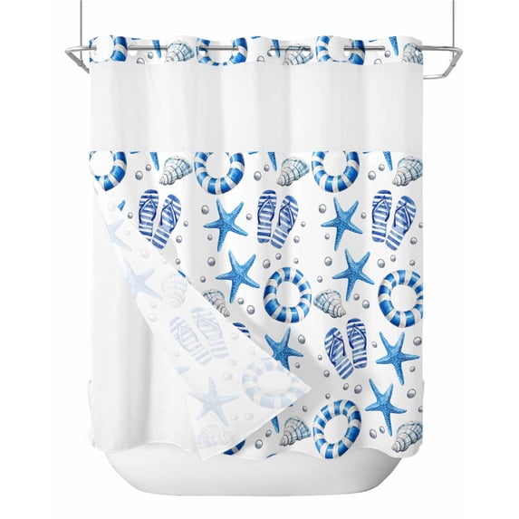 No Hook Shower Curtain with Snap-in Liner, Blue Starfish Waterproof Fabric Bathroom Curtains, Swimming Ring Slippers Conch Pearl Bath Curtains & Mesh Top Window 66"x72"