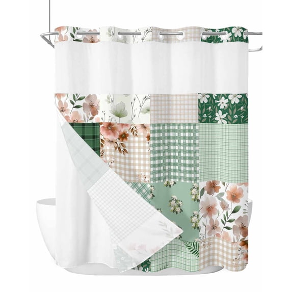 No Hook Shower Curtain with Snap-in Liner, Boho Spring Floral Waterproof Fabric Bathroom Curtains, Retro Flowers Plants Patchwork Grid Green Bath Curtains & Mesh Top Window 66"x72"