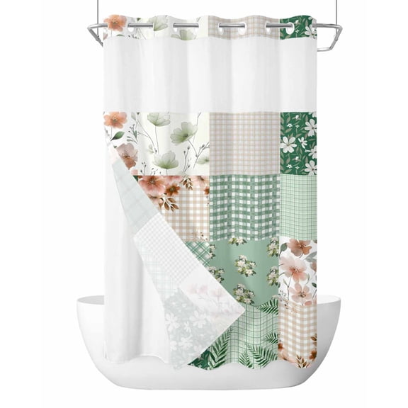 No Hook Shower Curtain with Snap-in Liner, Boho Spring Floral Waterproof Fabric Bathroom Curtains, Retro Flowers Plants Patchwork Grid Green Bath Curtains & Mesh Top Window Narrow 36"x78"