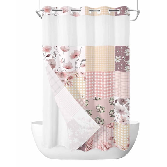 No Hook Shower Curtain with Snap-in Liner, Boho Spring Floral Waterproof Fabric Bathroom Curtains, Vintage Flowers Patchwork Plaid Pink Bath Curtains & Mesh Top Window Narrow 36"x78"