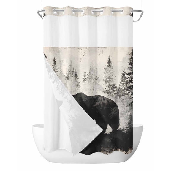 No Hook Shower Curtain with Snap-in Liner, Brown Bear Waterproof Fabric Bathroom Curtains, Retro Forest Nature Tree Silhouette Mountain Bath Curtains & Mesh Top Window Stand Up Stall Narrow 36"x78"