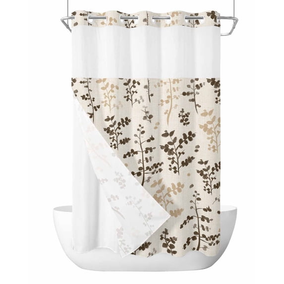 No Hook Shower Curtain with Snap-in Liner, Brown Beige Botanical Waterproof Fabric Bathroom Curtains, Rustic Country Spring Floral Summer Leaf Bath Curtains & Mesh Top Window 54"x78"
