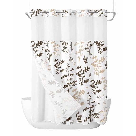 No Hook Shower Curtain with Snap-in Liner, Brown Beige Botanical Waterproof Fabric Bathroom Curtains, Watercolor Spring Floral Summer Leaf Bath Curtains & Mesh Top Window Stall 48"x72"