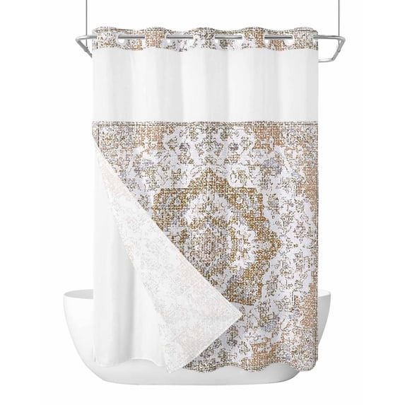 No Hook Shower Curtain with Snap-in Liner, Brown Boho Waterproof Fabric Bathroom Curtains, Vintage Abstract Art Floral Ethnic Tribe Bath Curtains & Mesh Top Window 72"x96" Extra Long
