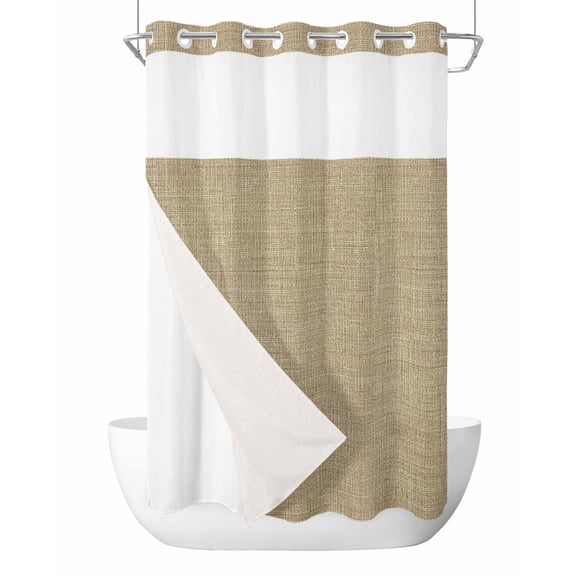 No Hook Shower Curtain with Snap-in Liner, Brown Farmhouse Waterproof Fabric Bathroom Curtains, Vintage Country Monochrome Textured Bath Curtains & Mesh Top Window Stand Up Stall 36"x72"