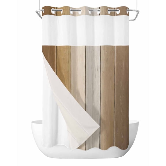 No Hook Shower Curtain with Snap-in Liner, Brown Ombre Waterproof Fabric Bathroom Curtains, Vintage Country Wooden Bath Curtains & Mesh Top Window Stand Up Stall Stand Up Stall 36"x72"