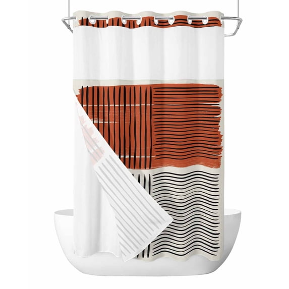No Hook Shower Curtain with Snap-in Liner, Brown Striped Waterproof Fabric Bathroom Curtains, Farmhouse Stripes Modern Abstract Art Bath Curtains & Mesh Top Window Stand Up Stall 36"x72"
