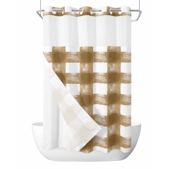 No Hook Shower Curtain with Snap-in Liner, Brown White Plaid Waterproof Fabric Bathroom Curtains, Watercolor Farmhouse Checkered Bath Curtains & Mesh Top Window Stand Up Stall Stand Up Stall 36"x72"
