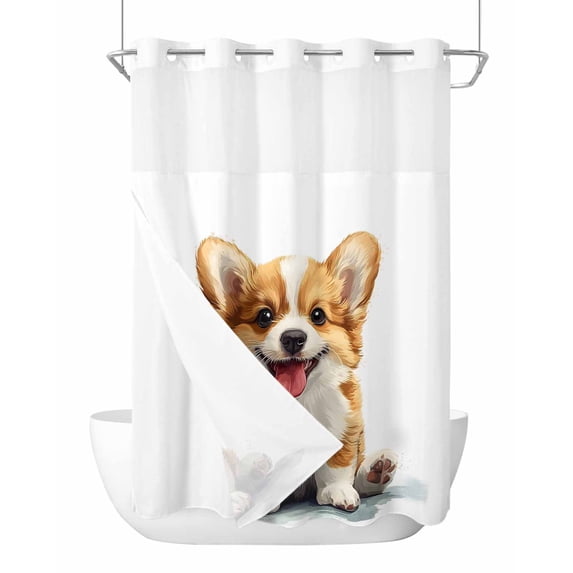 No Hook Shower Curtain with Snap-in Liner, Brown White Puppy Waterproof Fabric Bathroom Curtains, Watercolor Smile Dog Modern Bath Curtains & Mesh Top Window 72"x96" Extra Long