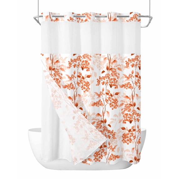 No Hook Shower Curtain with Snap-in Liner, Burnt Orange Fruit Waterproof Fabric Bathroom Curtains, Vintage Plant Nature Botanical Flower Bath Curtains & Mesh Top Window 72"x96" Extra Long
