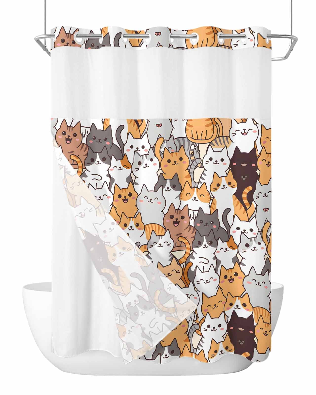 No Hook Shower Curtain with Snap-in Liner, Cartoon Cat Waterproof
