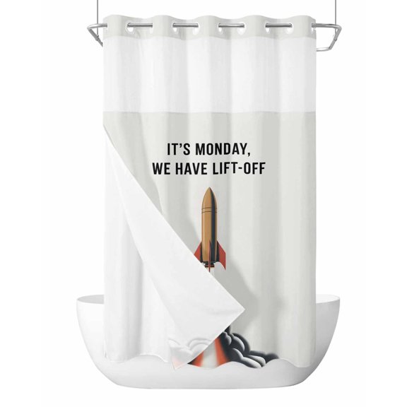 No Hook Shower Curtain with Snap-in Liner, Cartoon Rockets Waterproof Fabric Bathroom Curtains, Letters It's Monday We Have Lift-off Bath Curtains & Mesh Top Window Narrow 36"x78"