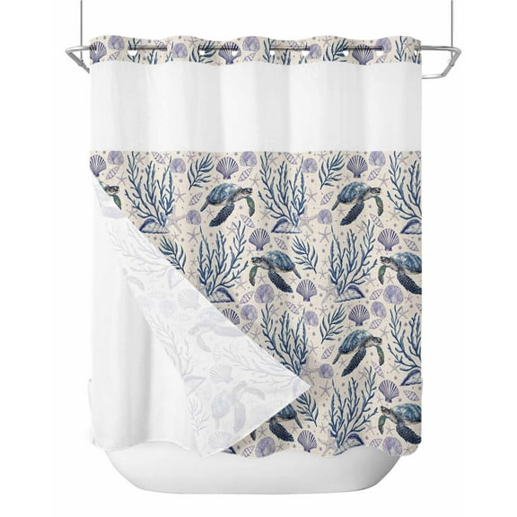 No Hook Shower Curtain with Snap-in Liner, Coastal Ocean Waterproof Fabric Bathroom Curtains, Blue Turtle Starfish Retro Coral Shell Bath Curtains & Mesh Top Window Standard 72''x72''