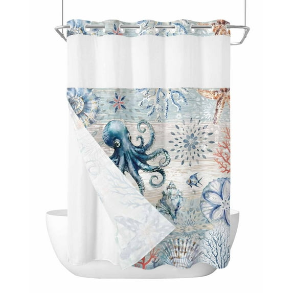 No Hook Shower Curtain with Snap-in Liner, Coastal Octopus Waterproof Fabric Bathroom Curtains, Ocean Nautical Conch Coral Fish Shells Bath Curtains & Mesh Top Window 60"x72"