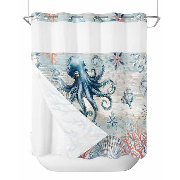 No Hook Shower Curtain with Snap-in Liner, Coastal Octopus Waterproof Fabric Bathroom Curtains, Ocean Nautical Conch Coral Fish Shells Bath Curtains & Mesh Top Window 72"x78" Long