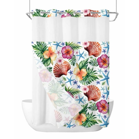 No Hook Shower Curtain with Snap-in Liner, Coastal Palm Leaf Waterproof Fabric Bathroom Curtains, Tropical Flowers Ocean Blue Starfish Bath Curtains & Mesh Top Window 72"x84" Long