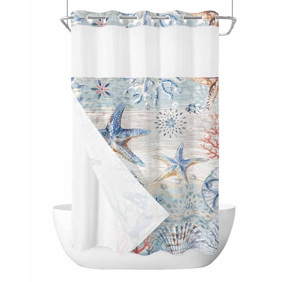 No Hook Shower Curtain with Snap-in Liner, Coastal Starfish Waterproof Fabric Bathroom Curtains, Blue Nautical Coral Seashell Wooden Bath Curtains & Mesh Top Window Stand Up Stall 36"x72"