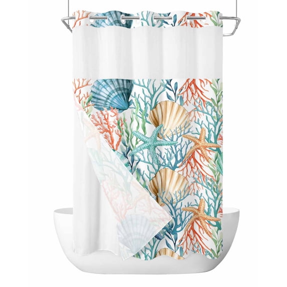 No Hook Shower Curtain with Snap-in Liner, Coastal Waterproof Fabric Bathroom Curtains, Nautical Summer Beach Coral Starfish Shell Bath Curtains & Mesh Top Window 54"x78"