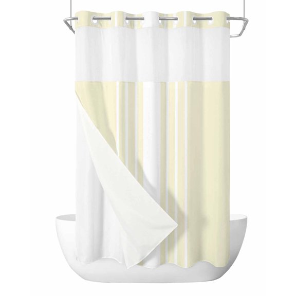 No Hook Shower Curtain with Snap-in Liner, Cream White Waterproof Fabric Bathroom Curtains, Modern Striped Monochrome Geometric Simple Bath Curtains & Mesh Top Window Stand Up Stall 36"x72"