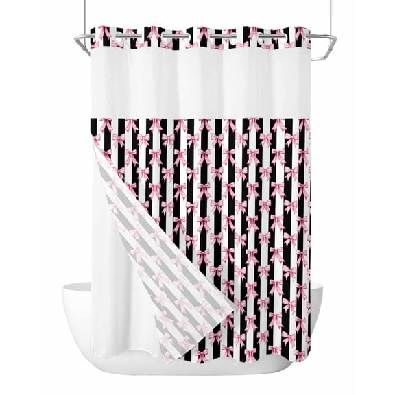 No Hook Shower Curtain with Snap-in Liner, Cute Pink Bow Waterproof Fabric Bathroom Curtains, Black White Striped Preppy Aesthetic Bath Curtains & Mesh Top Window 60"x72"