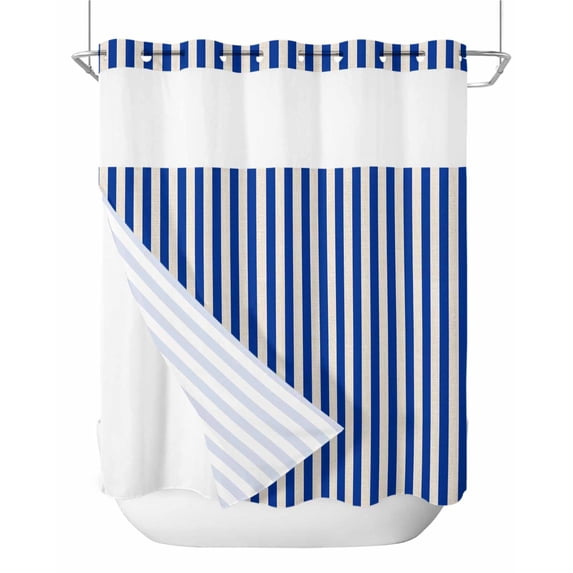 No Hook Shower Curtain with Snap-in Liner, Dark Blue Striped Waterproof Fabric Bathroom Curtains, Modern Beige Geometric Country Bath Curtains & Mesh Top Window 72"x78" Long