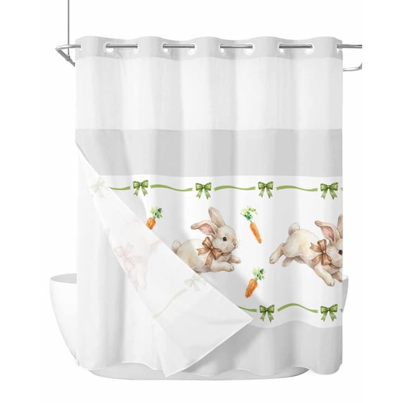No Hook Shower Curtain with Snap-in Liner, Easter Bunny Waterproof Fabric Bathroom Curtains, Spring Watercolor Carrot Modern Art Bath Curtains & Mesh Top Window 72"x78" Long