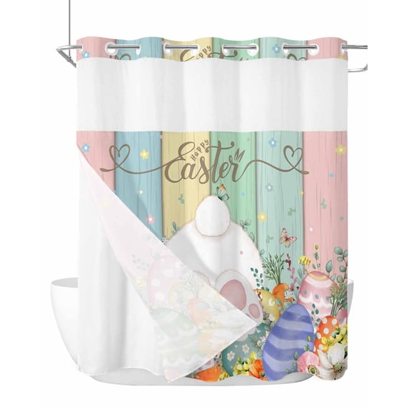 No Hook Shower Curtain with Snap-in Liner, Easter Waterproof Fabric Bathroom Curtains, Spring Rabbit Ears Foot Eggs Floral Wooden Grain Bath Curtains & Mesh Top Window Standard 72"x72"