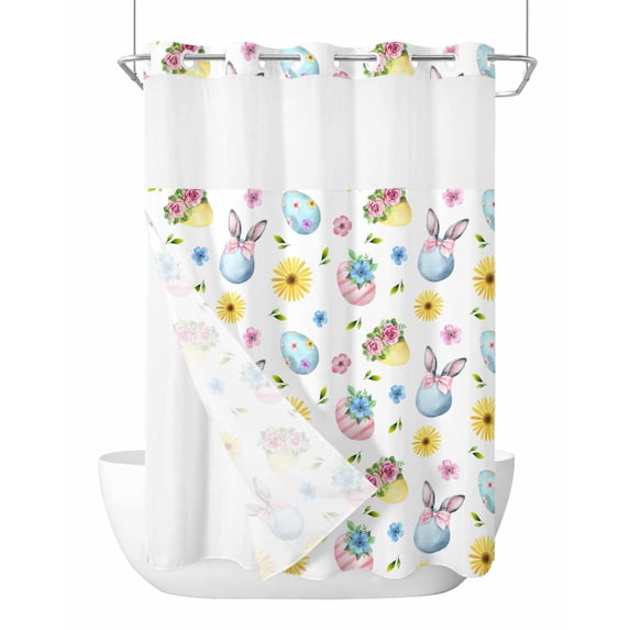 No Hook Shower Curtain with Snap-in Liner, Easter Waterproof Fabric Bathroom Curtains, Spring Watercolor Bunny Eggs Daisy Flowers Bath Curtains & Mesh Top Window Stall 48"x72"