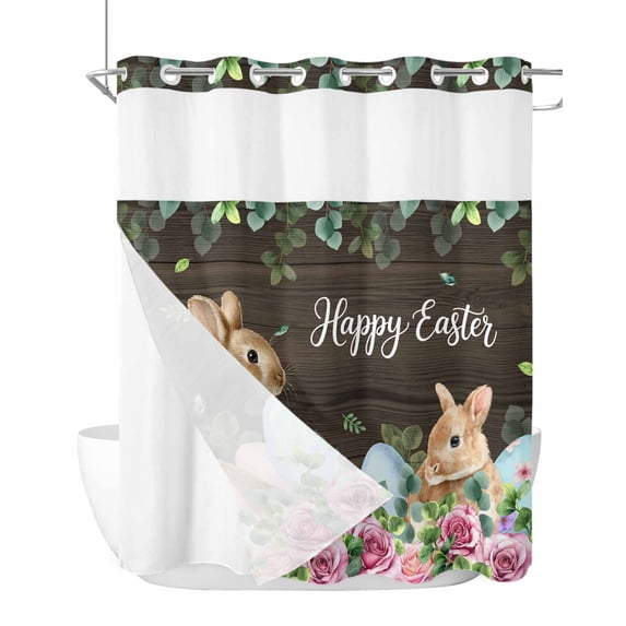 No Hook Shower Curtain with Snap-in Liner, Easter Waterproof Fabric Bathroom Curtains, Spring Watercolor Bunny Eggs Flower Leaf Wood Grain Bath Curtains & Mesh Top Window Standard 72"x72"