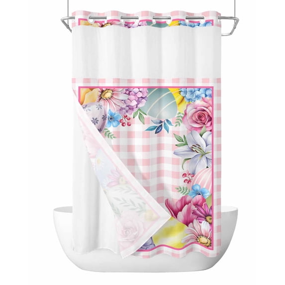 No Hook Shower Curtain with Snap-in Liner, Easter Waterproof Fabric Bathroom Curtains, Watercolor Eggs Floral Leaves Botanical Pink Plaid Bath Curtains & Mesh Top Window Stand Up Stall 36"x72"