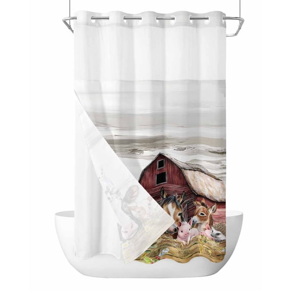 No Hook Shower Curtain with Snap-in Liner, Farmhouse Animals Waterproof Fabric Bathroom Curtains, Cow Pig in Fence Retro Wood Barn Bath Curtains & Mesh Top Window Stand Up Stall Narrow 36"x78"
